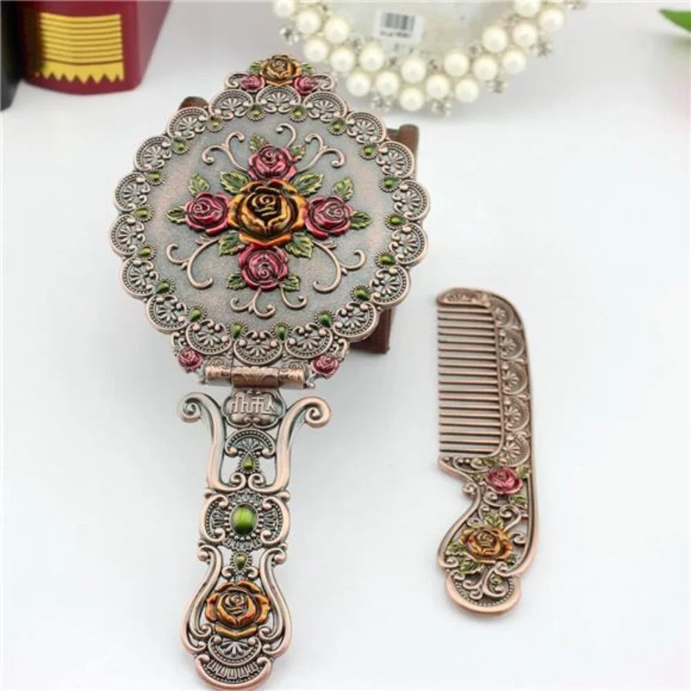 Vintage Metal Antique Rose Style Handheld Makeup Mirror Set - Folding Round